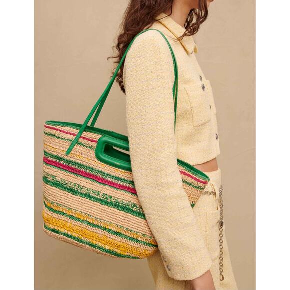 NEW Maje Large Raffia Basket Large Tote Bag Striped Leather Strap Beach Summer - Picture 1 of 13